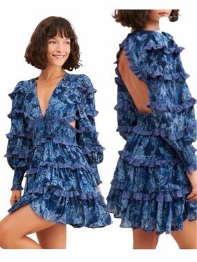 Elliatt Alvernia Open Back Tiered Ruffle Floral Long Balloon Sleeve Mini Dress
